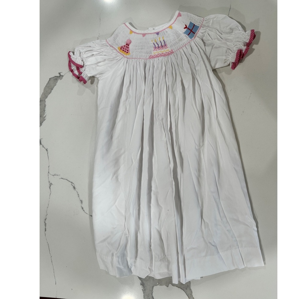Stitchy Fish Smocked Birthday Dress White Pink Blue Cake‎ Gift Sz 5